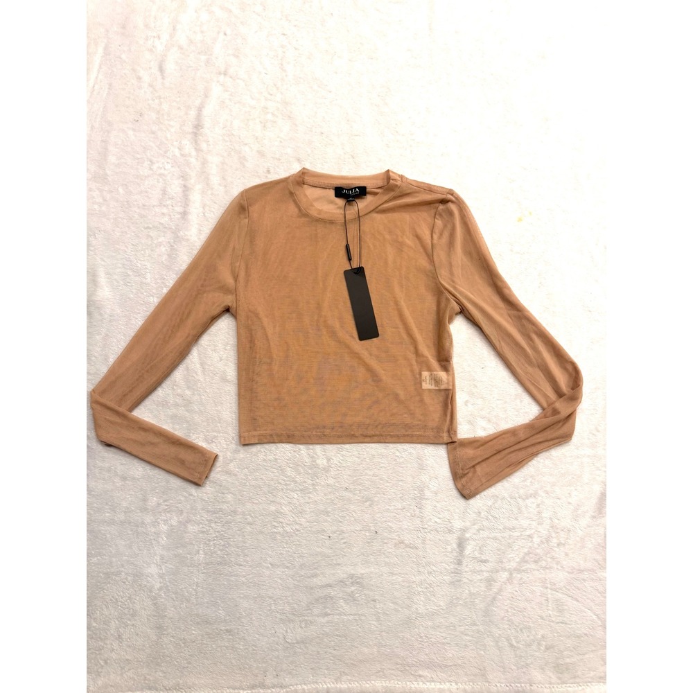 Julia by Love J Nude Mesh Long Sleeve Crop Top Sheer Tan Crew Neck A9233 M